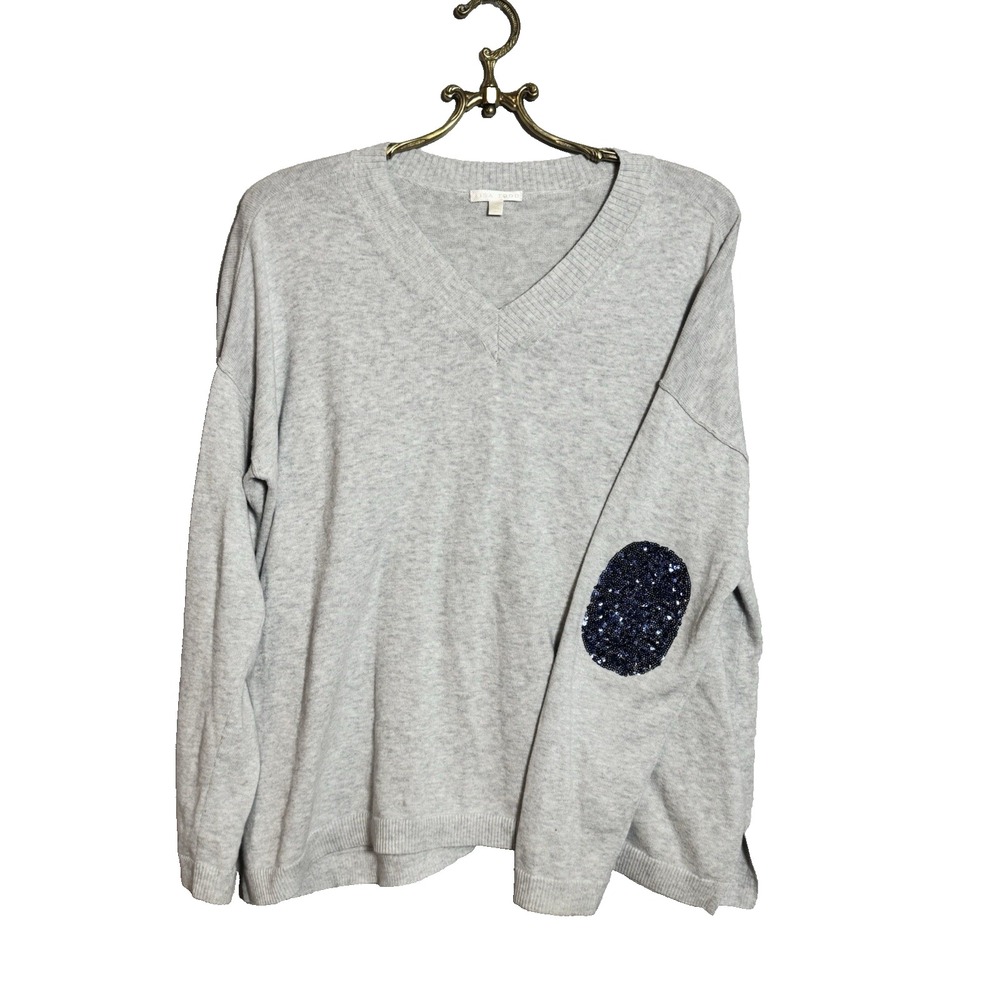 LISA TODD Knit Gray V-neck Sweater Sequin Elbow‎ Patches Size L